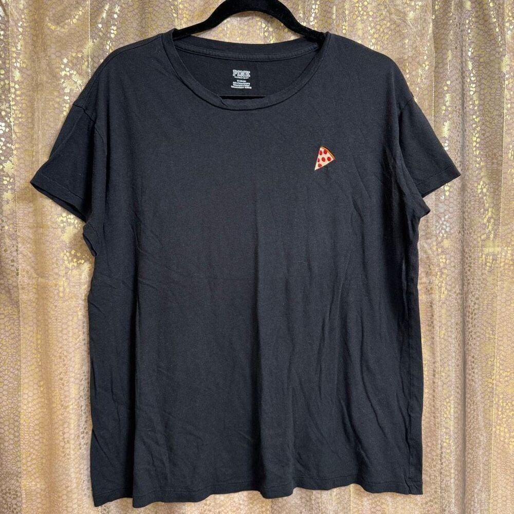 PINK Victorias Secret‎ Black T Shirt Embroidered Pizza Slice Medium
